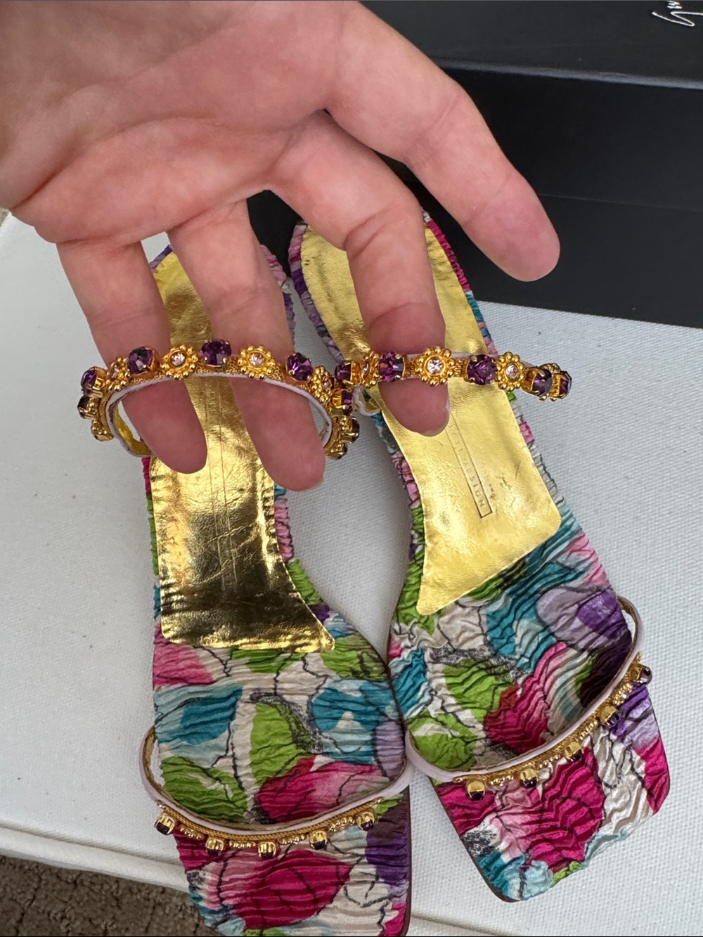 VTG Giuseppe Zanotti Y2K Archival Crystal Floral Crinkle Leather Sandals - Picture 2 of 11